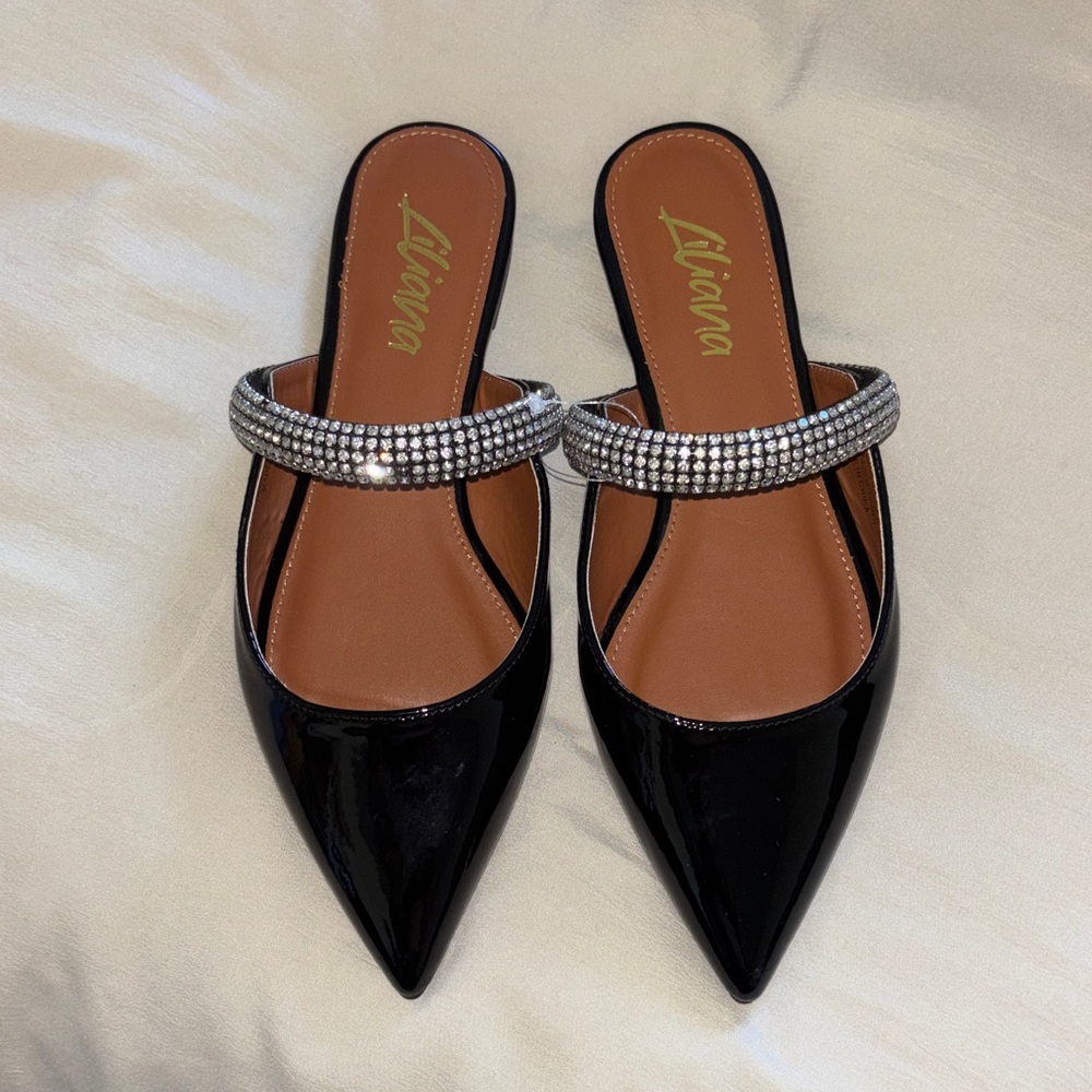 Liliana Black Patent Mules with Rhinestone Straps